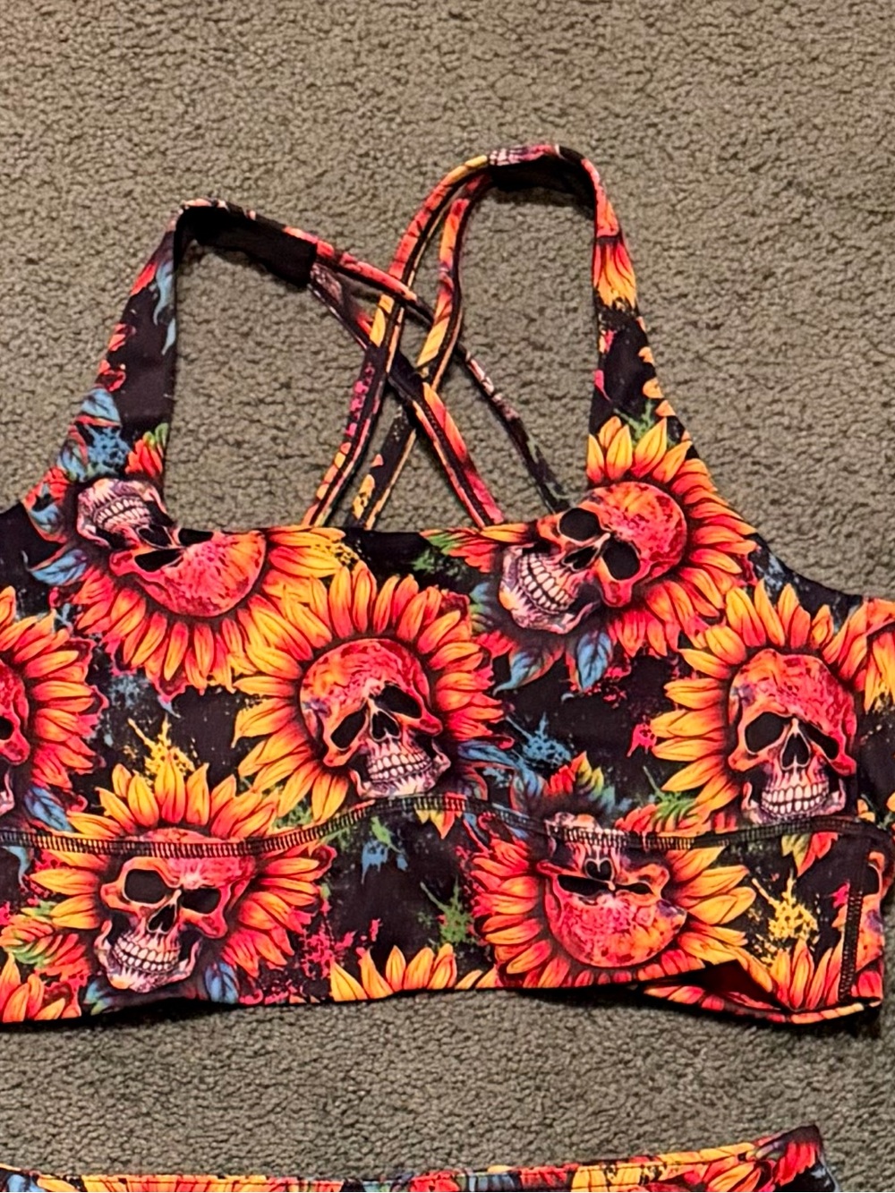 CVG Sunflower Skull Print Sports Bra Medium (no tags) - Black/Orange